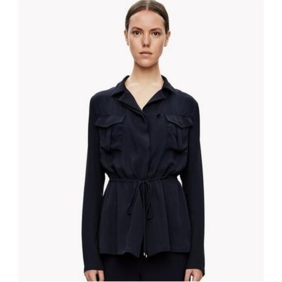 Theory Karafinna Georgette Silk Safari Top Cinch Waist Pocket Front Blouse Small - Picture 1 of 6